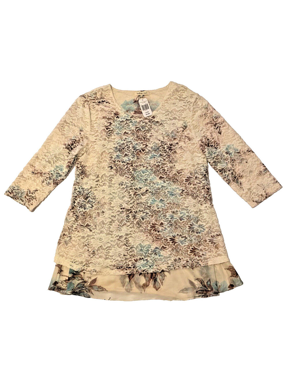 Indigo Soul Lacy Boho Tunic Top NWT - Women's L Floral 3/4 Sleeve